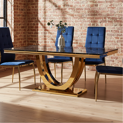Black Faux Marble Rectangular Top Dining Table with Brushed Gold Geometric Frame | Moda