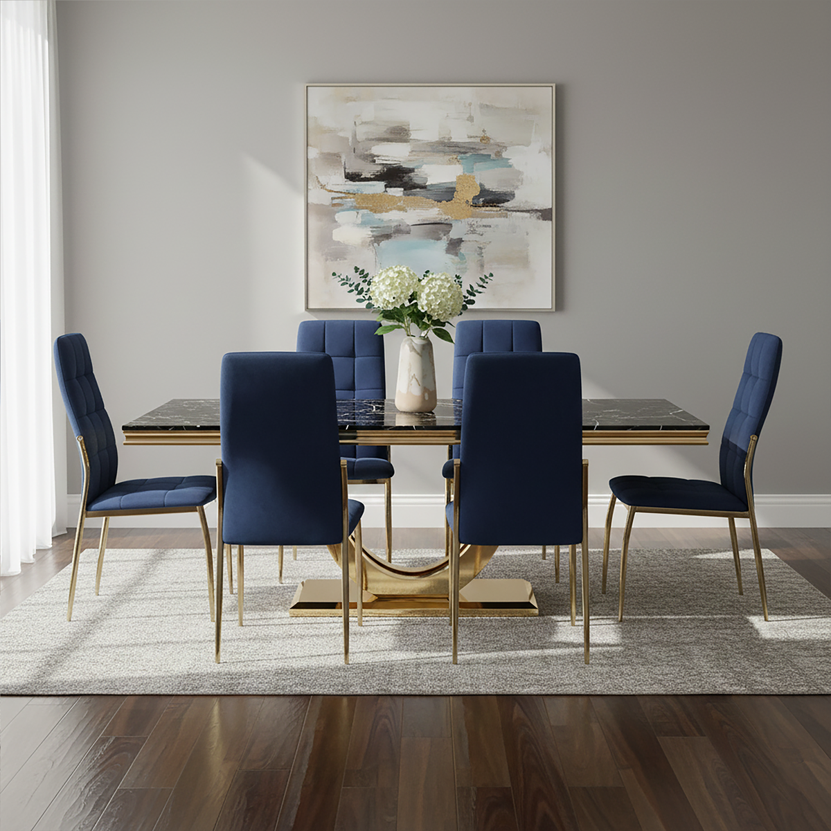 Black Faux Marble Rectangular Top Dining Table with Brushed Gold Geometric Frame | Moda