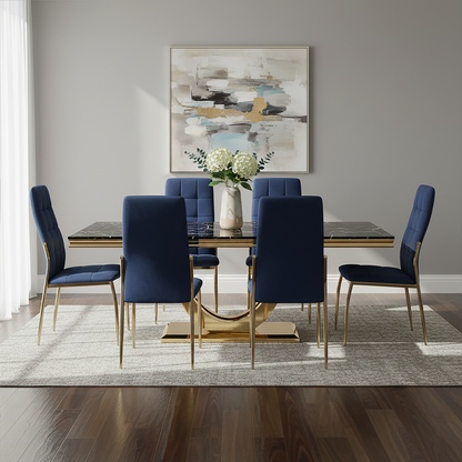 Black Faux Marble Rectangular Top Dining Table with Brushed Gold Geometric Frame | Moda