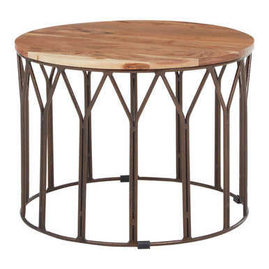 Natural Solid Acacia Wood Round Coffee Table with Dark Geometric Lattice Metal Frame | Boho