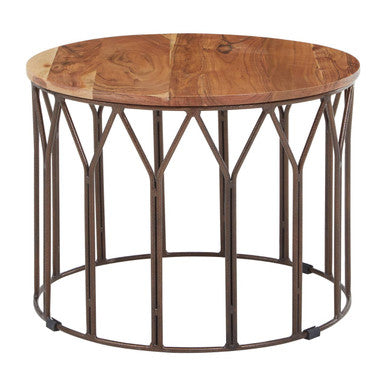 Natural Solid Acacia Wood Round Coffee Table with Dark Geometric Lattice Metal Frame | Boho