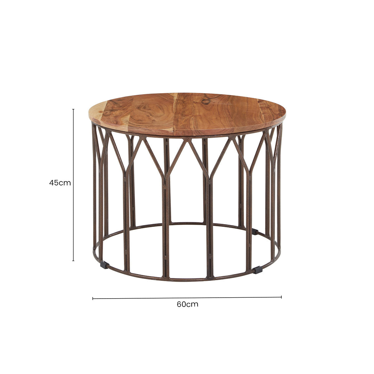Natural Solid Acacia Wood Round Coffee Table with Dark Geometric Lattice Metal Frame | Boho