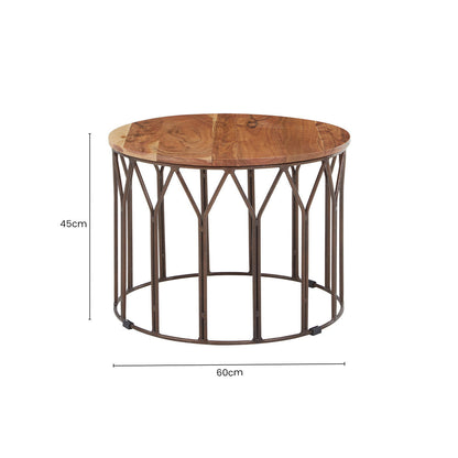 Natural Solid Acacia Wood Round Coffee Table with Dark Geometric Lattice Metal Frame | Boho