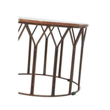 Natural Solid Acacia Wood Round Coffee Table with Dark Geometric Lattice Metal Frame | Boho