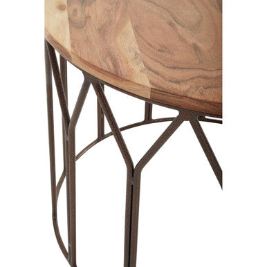 Natural Solid Acacia Wood Round Coffee Table with Dark Geometric Lattice Metal Frame | Boho