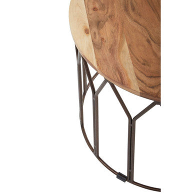 Natural Solid Acacia Wood Round Coffee Table with Dark Geometric Lattice Metal Frame | Boho