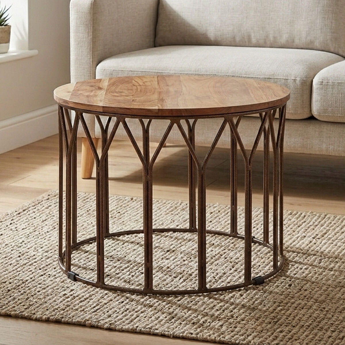 Natural Solid Acacia Wood Round Coffee Table with Dark Geometric Lattice Metal Frame | Boho
