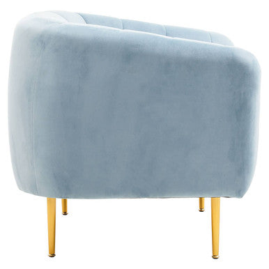 Yasmeen Blue Velvet Barrel Back Armchair with Gold Finish Legs