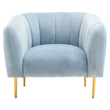 Yasmeen Blue Velvet Barrel Back Armchair with Gold Finish Legs
