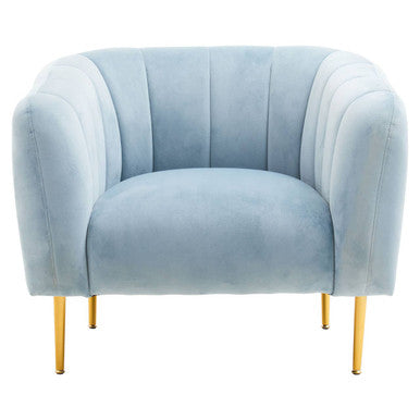 Yasmeen Blue Velvet Barrel Back Armchair with Gold Finish Legs