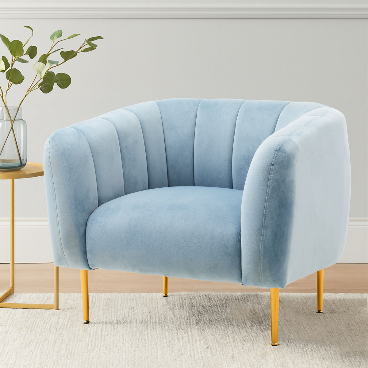 Yasmeen Blue Velvet Barrel Back Armchair with Gold Finish Legs
