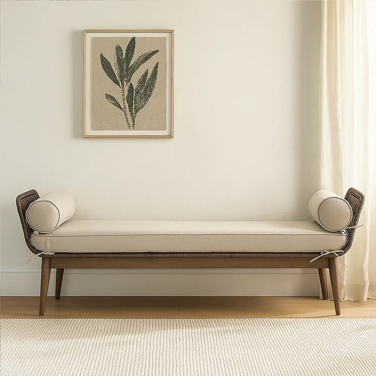 Opus Cream Fabric And Natural Rope Bench With Woven Rope Seat