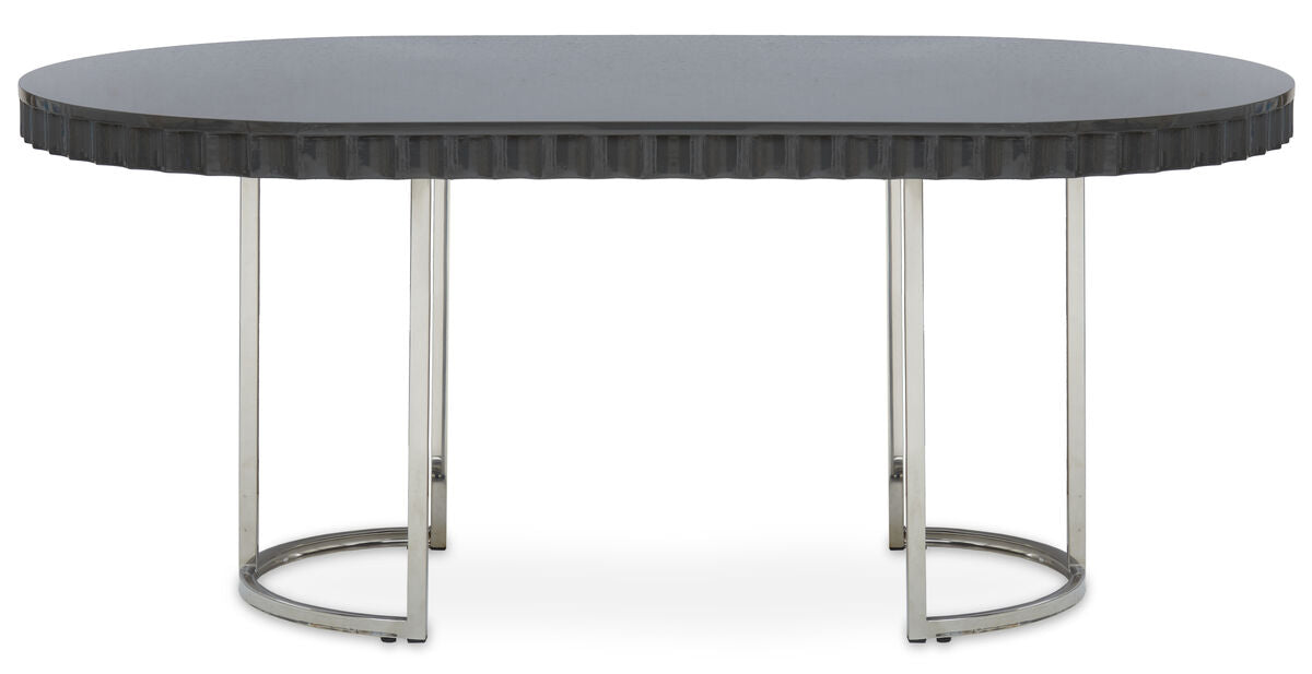 Grey High Gloss Oval Dining Table with Fluted Edge and Polished Stainless Steel Sledge Base | Genoa