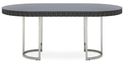 Grey High Gloss Oval Dining Table with Fluted Edge and Polished Stainless Steel Sledge Base | Genoa