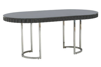 Grey High Gloss Oval Dining Table with Fluted Edge and Polished Stainless Steel Sledge Base | Genoa