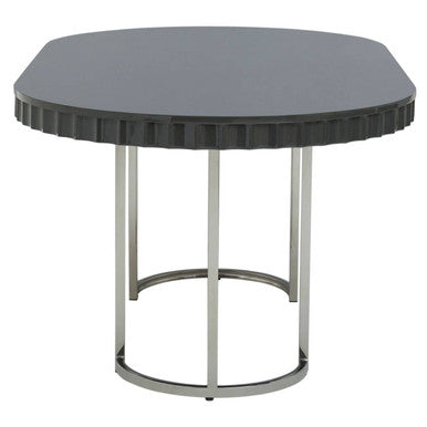 Grey High Gloss Oval Dining Table with Fluted Edge and Polished Stainless Steel Sledge Base | Genoa
