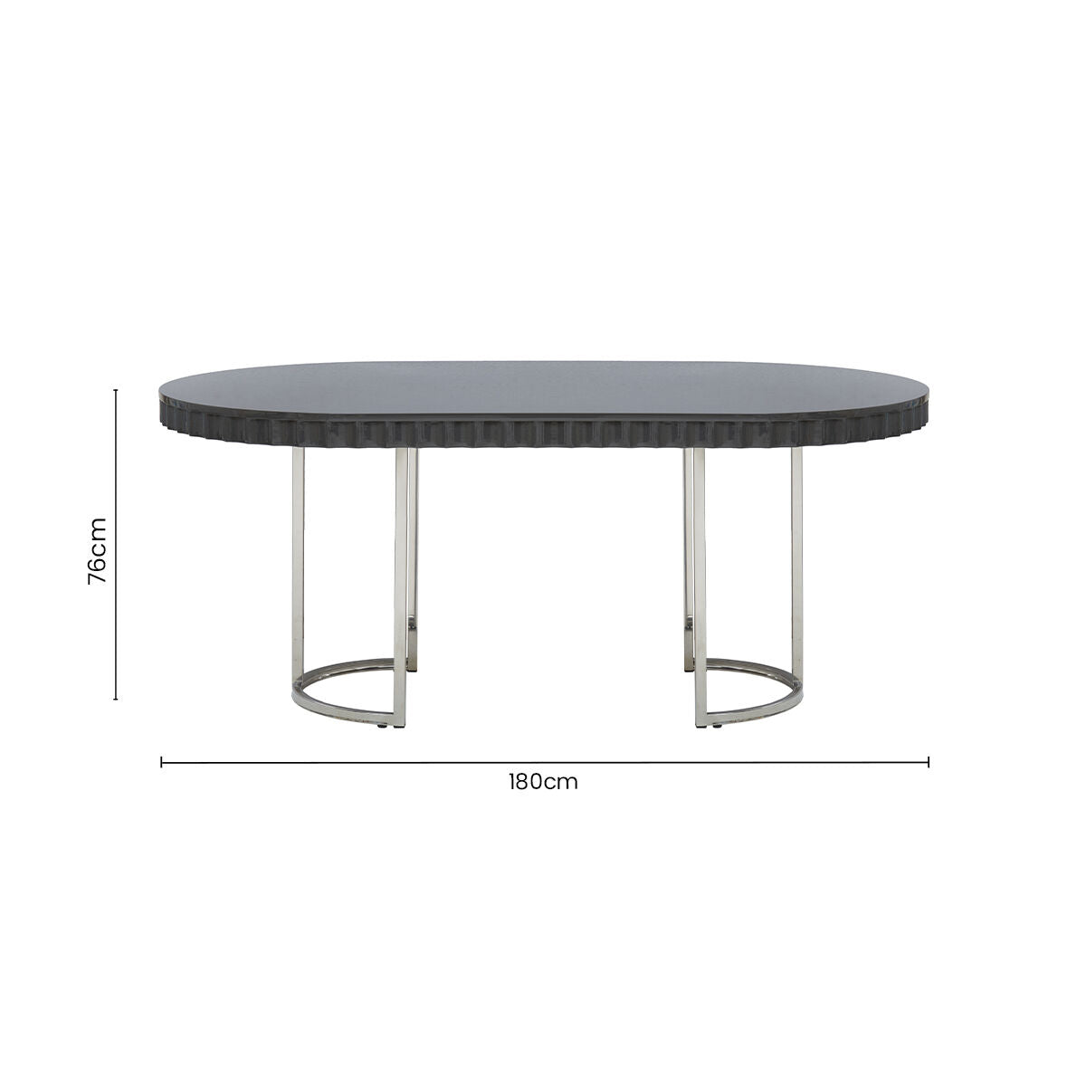 Grey High Gloss Oval Dining Table with Fluted Edge and Polished Stainless Steel Sledge Base | Genoa