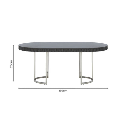 Grey High Gloss Oval Dining Table with Fluted Edge and Polished Stainless Steel Sledge Base | Genoa