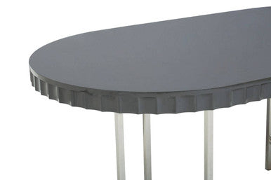 Grey High Gloss Oval Dining Table with Fluted Edge and Polished Stainless Steel Sledge Base | Genoa