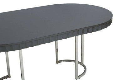 Grey High Gloss Oval Dining Table with Fluted Edge and Polished Stainless Steel Sledge Base | Genoa