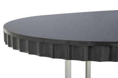 Grey High Gloss Oval Dining Table with Fluted Edge and Polished Stainless Steel Sledge Base | Genoa