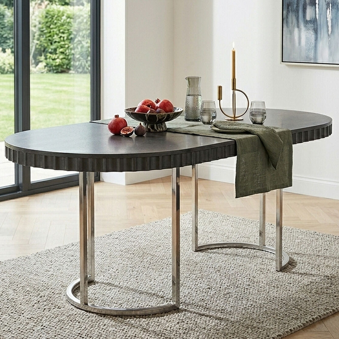 Grey High Gloss Oval Dining Table with Fluted Edge and Polished Stainless Steel Sledge Base | Genoa