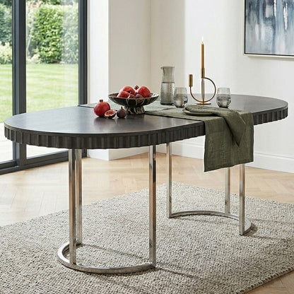 Grey High Gloss Oval Dining Table with Fluted Edge and Polished Stainless Steel Sledge Base | Genoa