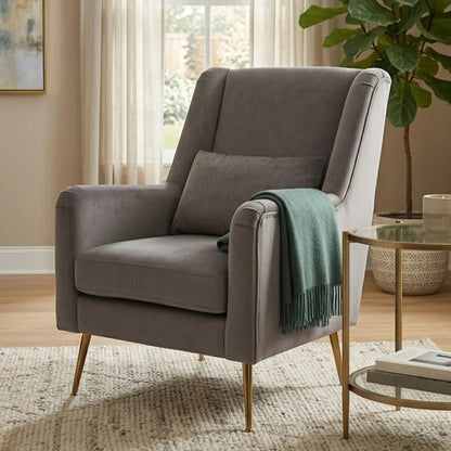 Doucet Grey Velvet Chair with Gold Finish Angular Legs