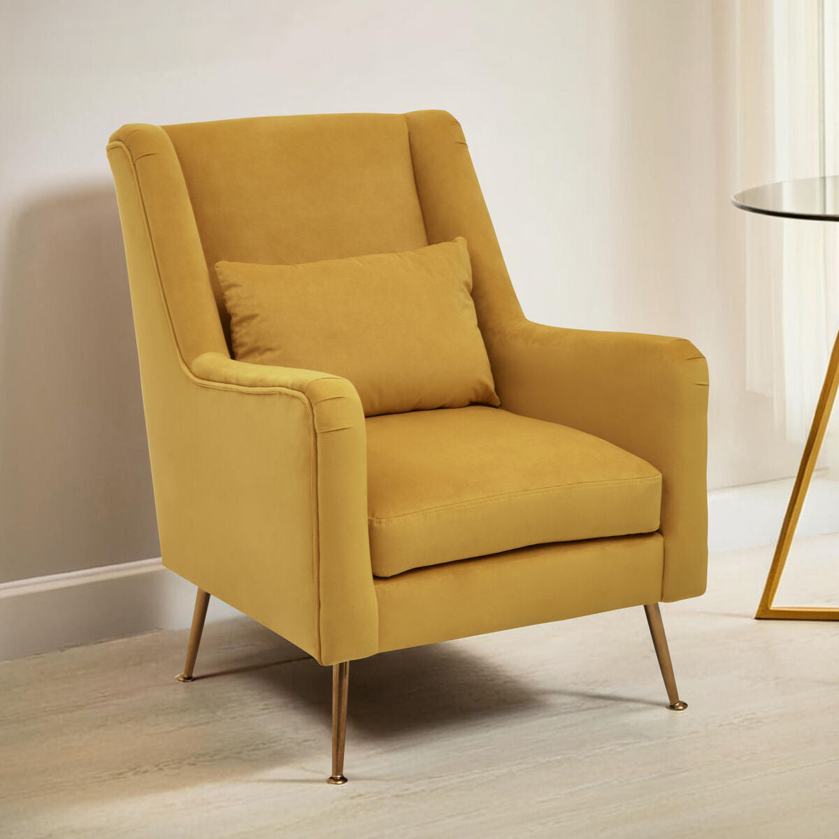 Doucet Yellow Velvet Chair with Gold Finish Angular Legs