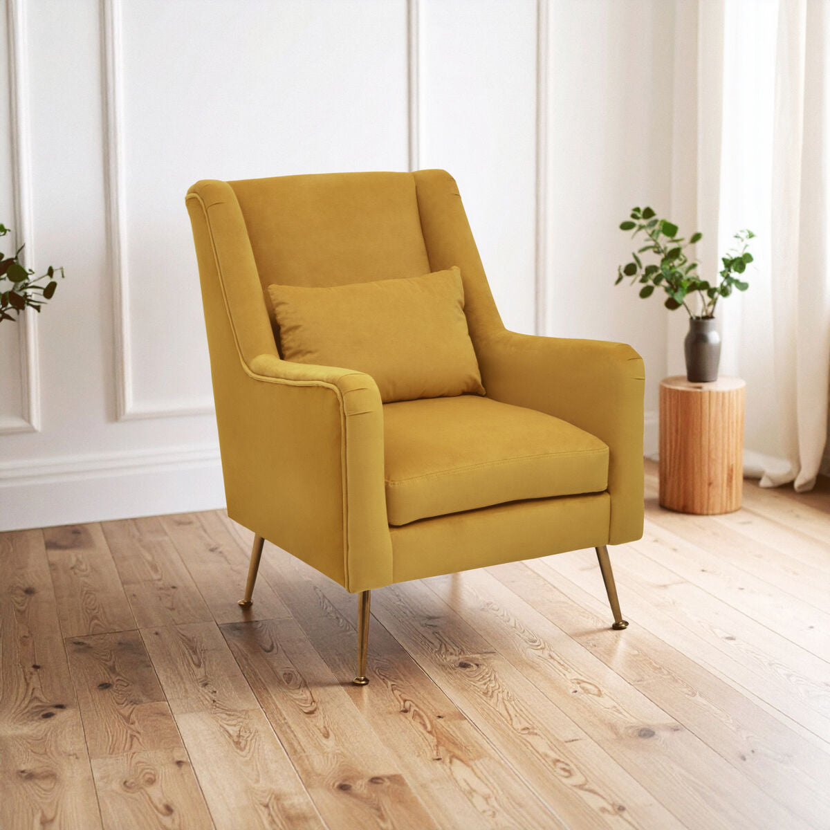 Doucet Yellow Velvet Chair with Gold Finish Angular Legs