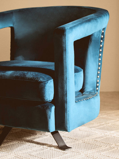 Hestia Blue Velvet Swivel Chair With Matte Black Base