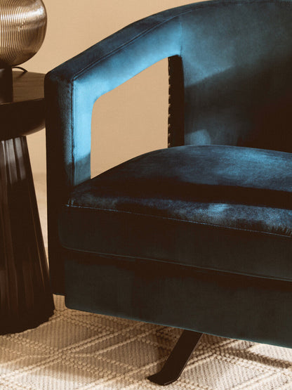 Hestia Blue Velvet Swivel Chair With Matte Black Base
