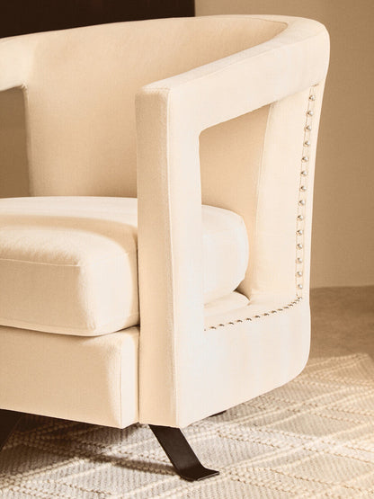 Hestia Beige Velvet Swivel Chair with Matte Black Base