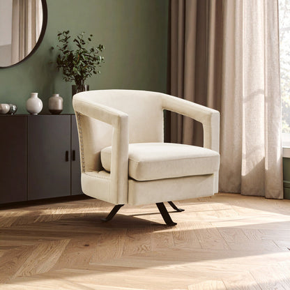 Hestia Beige Velvet Swivel Chair with Matte Black Base