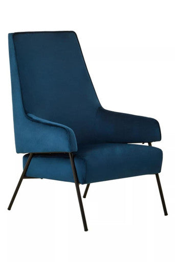 Henia Blue Velvet High Back Chair with Black Metal Legs