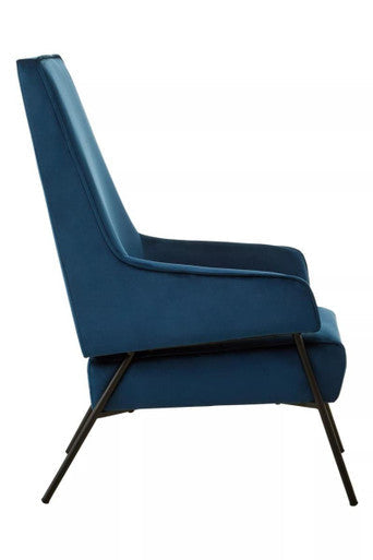 Henia Blue Velvet High Back Chair with Black Metal Legs