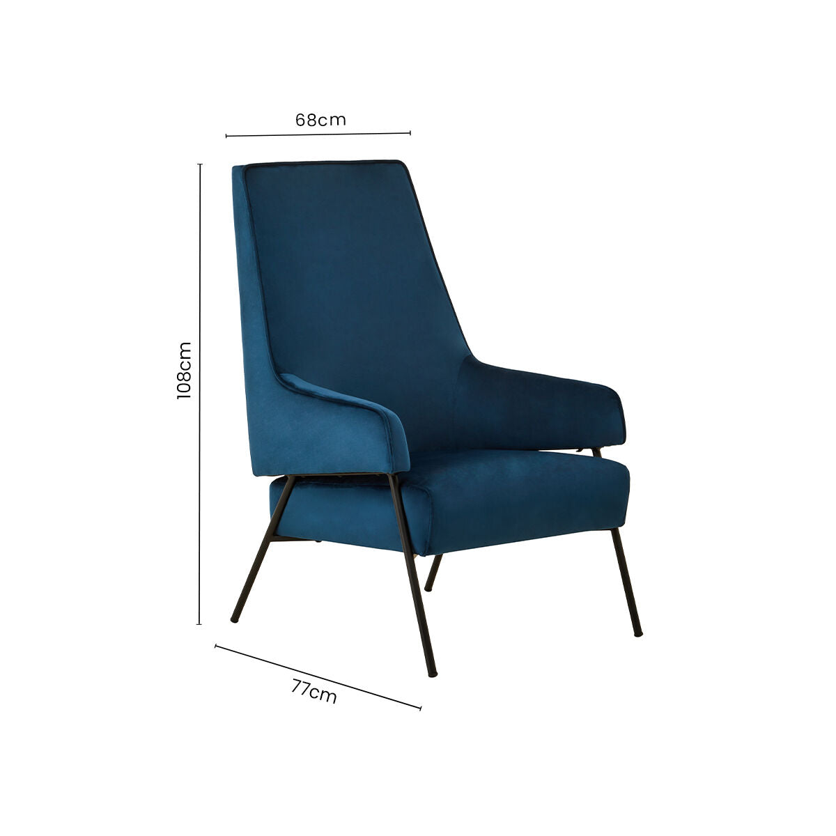 Henia Blue Velvet High Back Chair with Black Metal Legs