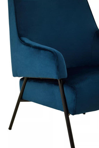 Henia Blue Velvet High Back Chair with Black Metal Legs