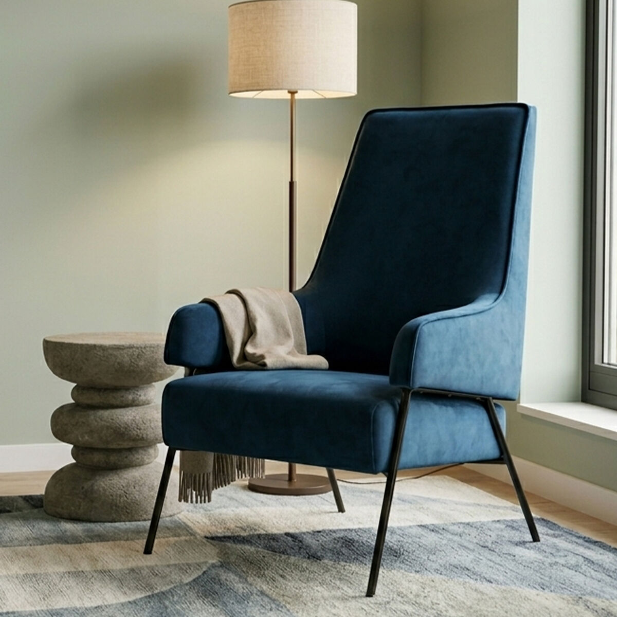 Henia Blue Velvet High Back Chair with Black Metal Legs
