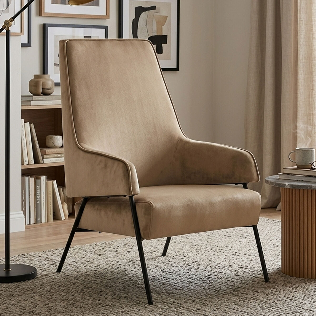 Henia Mink Velvet High Back Chair With Black Metal Legs