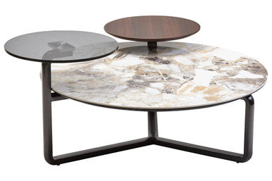 Green and Grey Marble Effect Ceramic Top 3 Tier Coffee Table with Grey Glass & Eucalyptus Veneer Shelves | Imperia