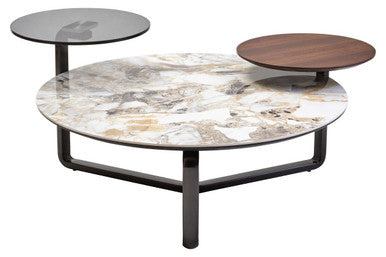 Green and Grey Marble Effect Ceramic Top 3 Tier Coffee Table with Grey Glass & Eucalyptus Veneer Shelves | Imperia