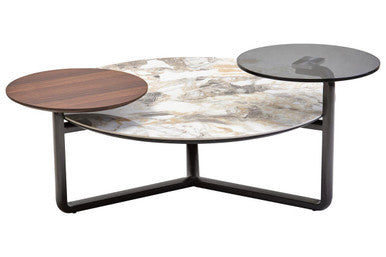 Green and Grey Marble Effect Ceramic Top 3 Tier Coffee Table with Grey Glass & Eucalyptus Veneer Shelves | Imperia