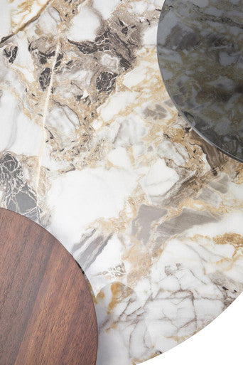Green and Grey Marble Effect Ceramic Top 3 Tier Coffee Table with Grey Glass & Eucalyptus Veneer Shelves | Imperia