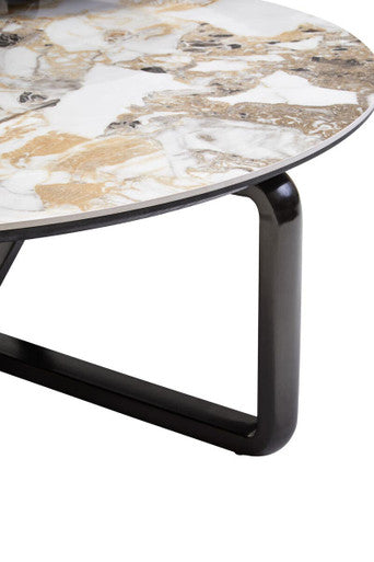 Green and Grey Marble Effect Ceramic Top 3 Tier Coffee Table with Grey Glass & Eucalyptus Veneer Shelves | Imperia