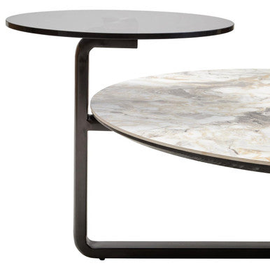 Green and Grey Marble Effect Ceramic Top 3 Tier Coffee Table with Grey Glass & Eucalyptus Veneer Shelves | Imperia