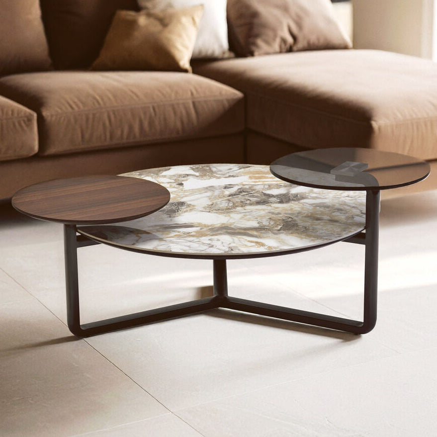 Green and Grey Marble Effect Ceramic Top 3 Tier Coffee Table with Grey Glass & Eucalyptus Veneer Shelves | Imperia