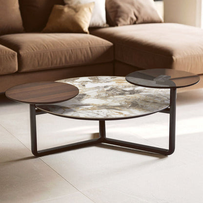 Green and Grey Marble Effect Ceramic Top 3 Tier Coffee Table with Grey Glass & Eucalyptus Veneer Shelves | Imperia