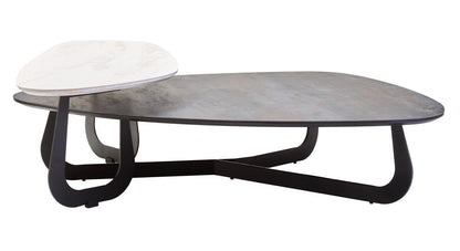 Grey and White Marble Effect Ceramic Tops Large 2-Tier Asymmetrical Coffee Table with Black Metal Base | Imperia