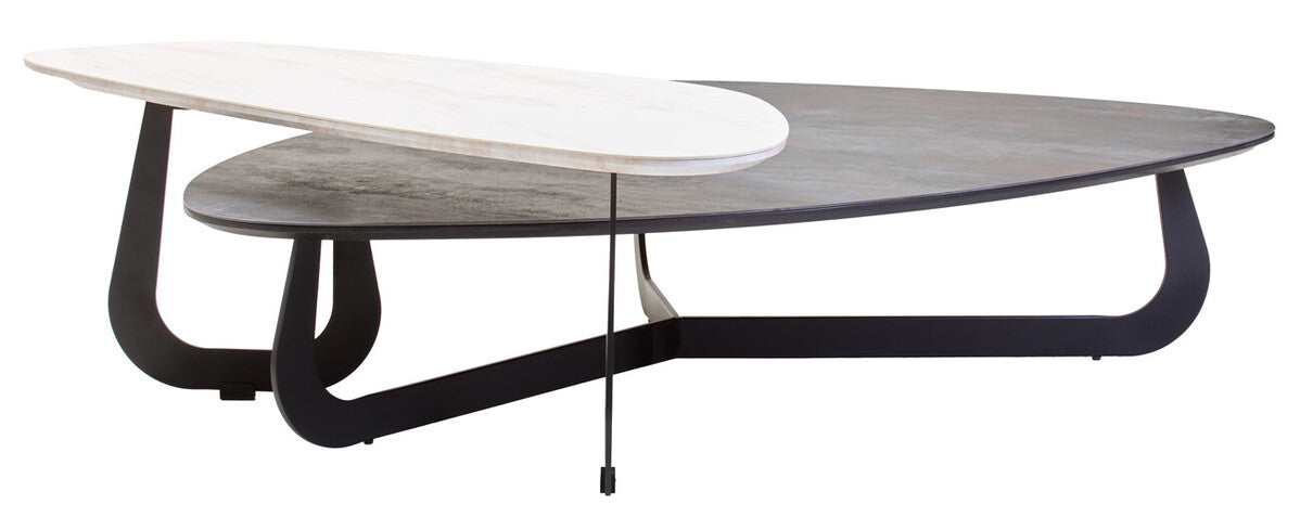Grey and White Marble Effect Ceramic Tops Large 2-Tier Asymmetrical Coffee Table with Black Metal Base | Imperia